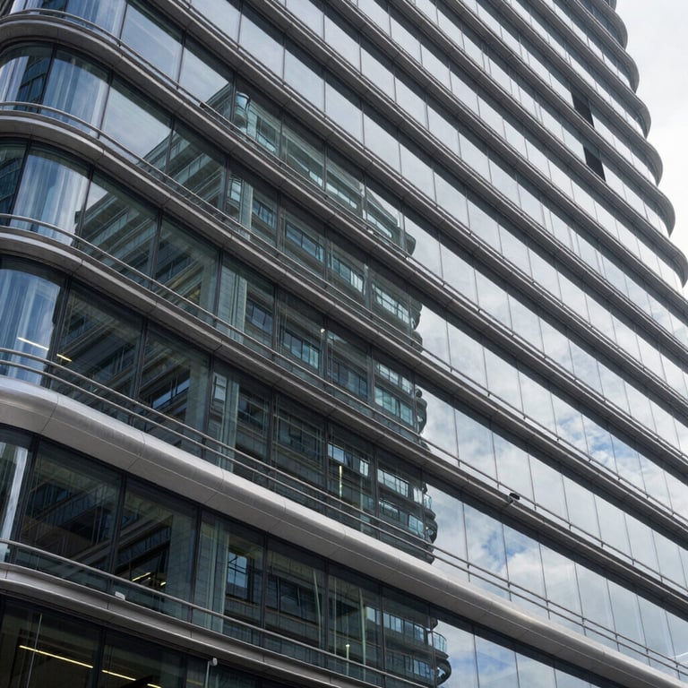 Abstract architectural lines of a futuristic tech headquarters, steel and glass, professional photography.