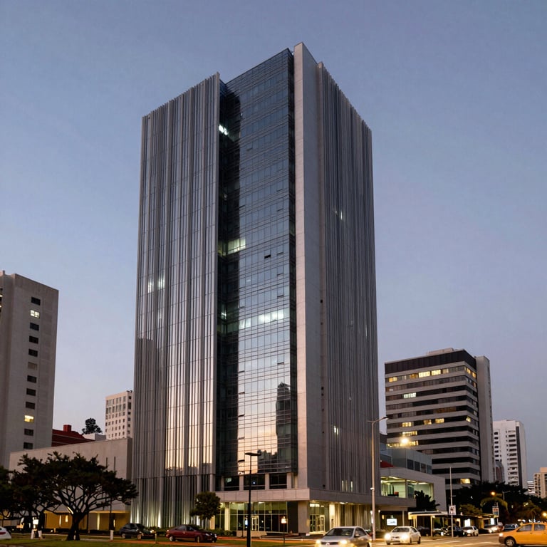Modern architecture of a technology park building in a Brazilian metropolitan area at twilight.