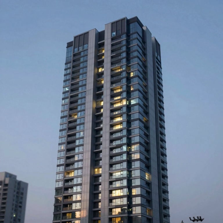 A sleek, modern residential high-rise in Faridabad against a twilight sky, windows glowing with warm #F1F4EE light.
