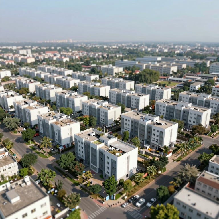 An aerial view of a meticulously planned green residential block in Faridabad, showcasing urban stability and development.