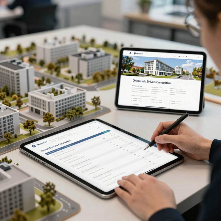 A detailed shot of architectural models and digital tablets showing property listings, highlighting modern data-driven consulting.
