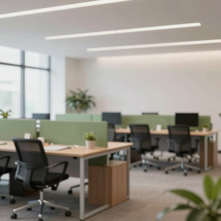 A bright, professional co-working space interior with clean lines and sophisticated furniture in #2C3E20 and #5B824E shades.