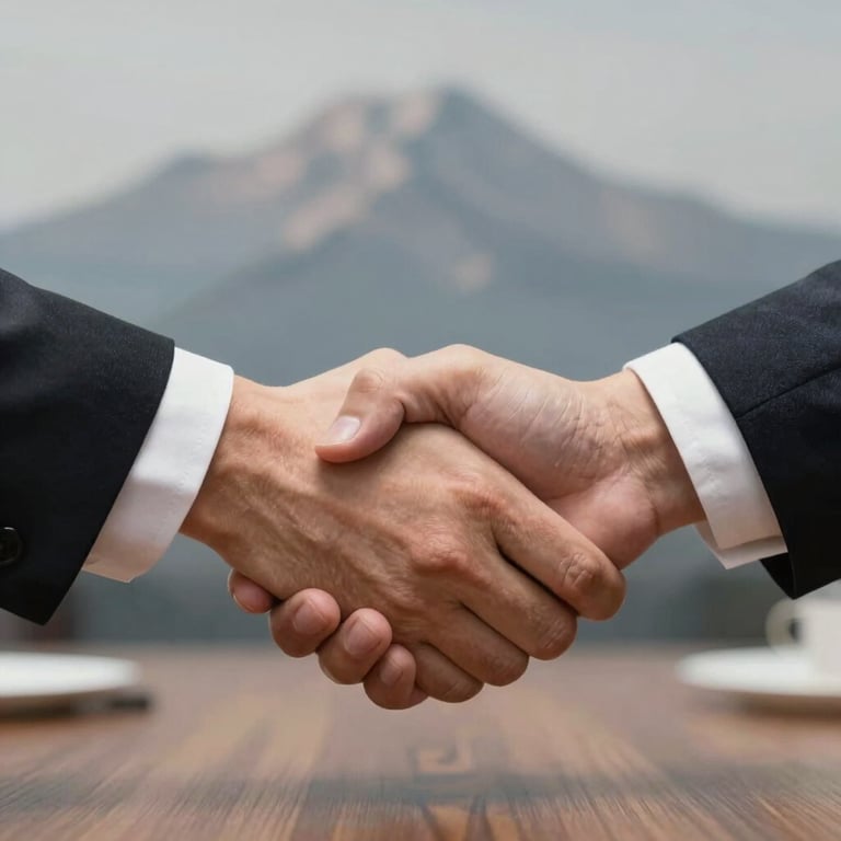 Close-up of a handshake over a mahogany desk with a subtle Himalayan mountain silhouette in the background, conveying refined expertise.