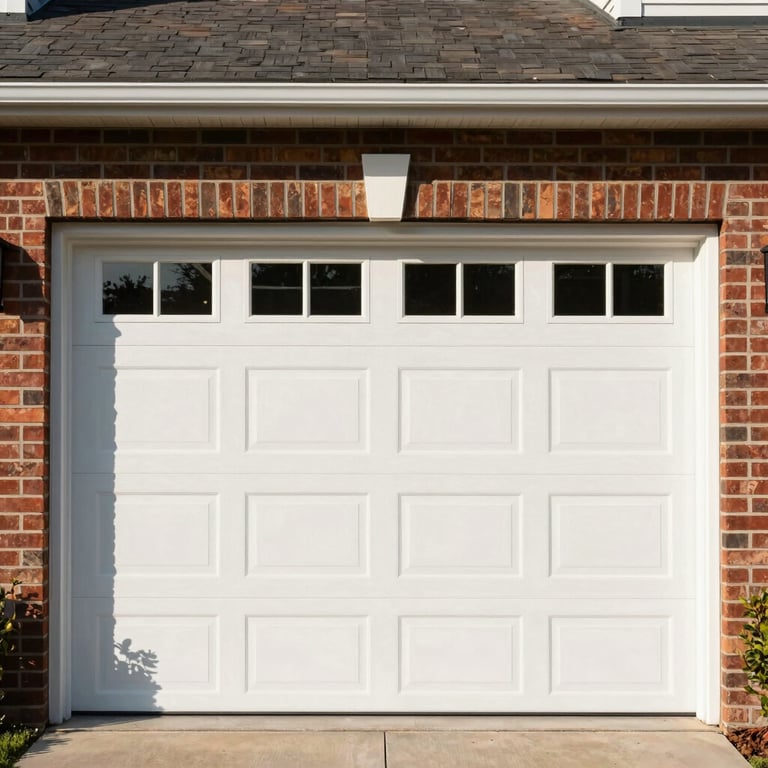 Front view of a white carriage-style garage door on a brick house, North American suburb, bright afternoon sun with high contrast.