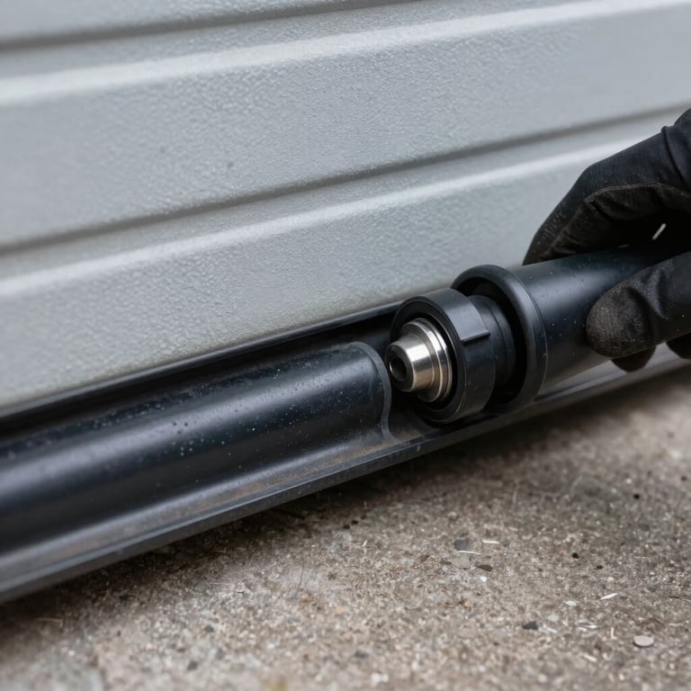 Detail shot of a black weather seal being replaced on the bottom of a garage door, showcasing precision and professional maintenance work.