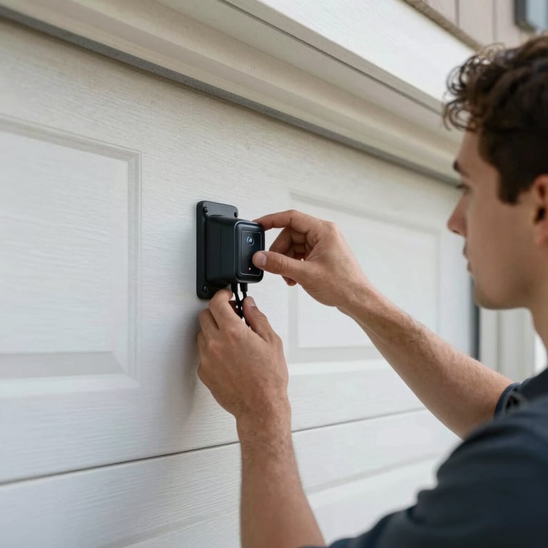 A technician installing a smart garage door opener in a modern North American garage, clean professional tools visible on a light slate background.