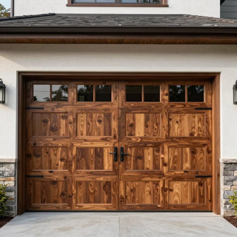 A beautiful wooden-look insulated garage door on a contemporary North American residence, crisp focus, architectural style.