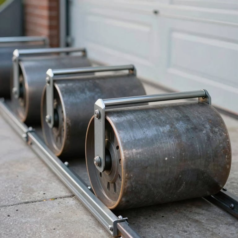 A set of heavy-duty rollers and tracks for a residential garage door, metallic finish, professional close-up photography.