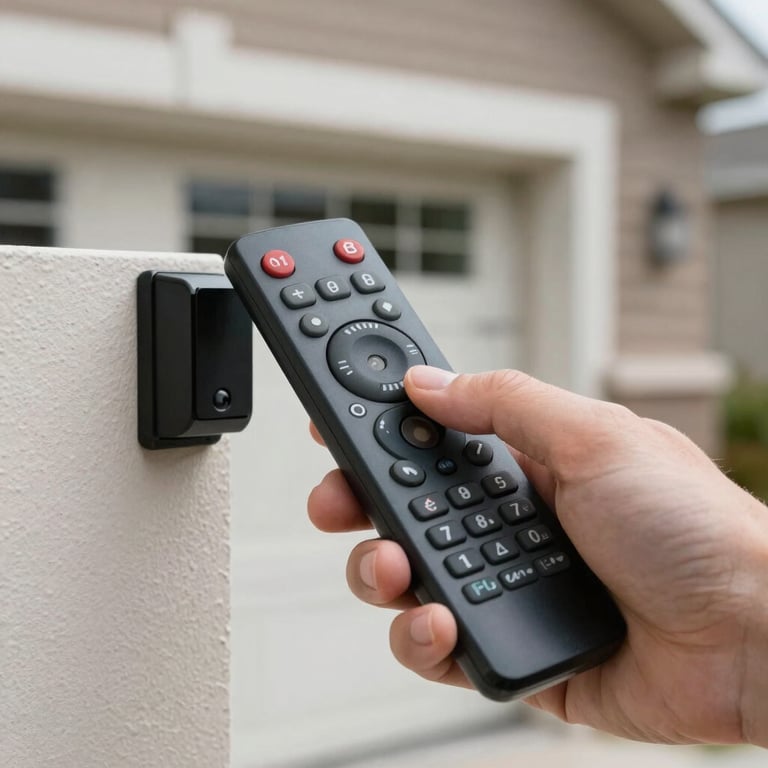 A hand testing a remote control for a garage door opener, focus on the modern device, North American residential setting.