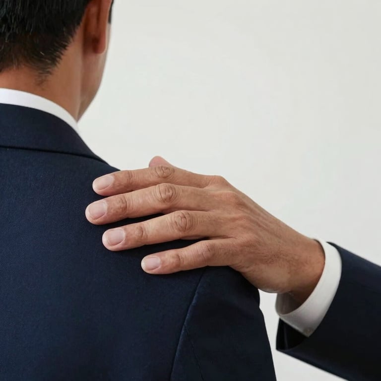 Photography of a supportive gesture, a hand in a professional dark navy suit resting on another's shoulder, South American / Peruvian context.