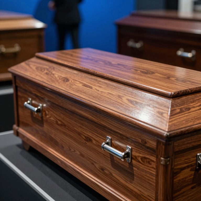 Detail photography of high-quality wooden caskets with silver handles in an elegant showroom with deep blue lighting.