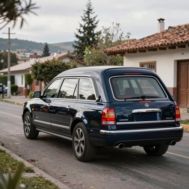 Photography of a modern, polished dark navy hearse moving respectfully through a quiet South American / Peruvian suburban street.
