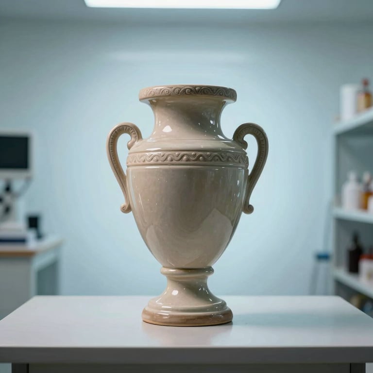 Photography of a beautiful ceramic urn for ashes placed on a minimalist table with very light blue backlighting in a Peruvian facility.