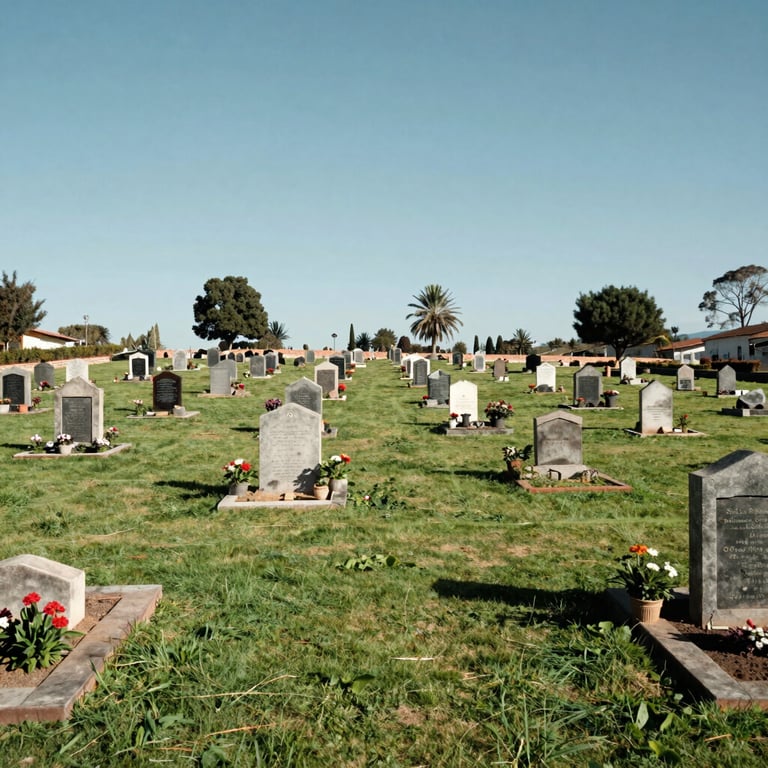 Wide shot of a peaceful green cemetery in Peru with well-maintained grass and flowers under a clear very light blue sky.