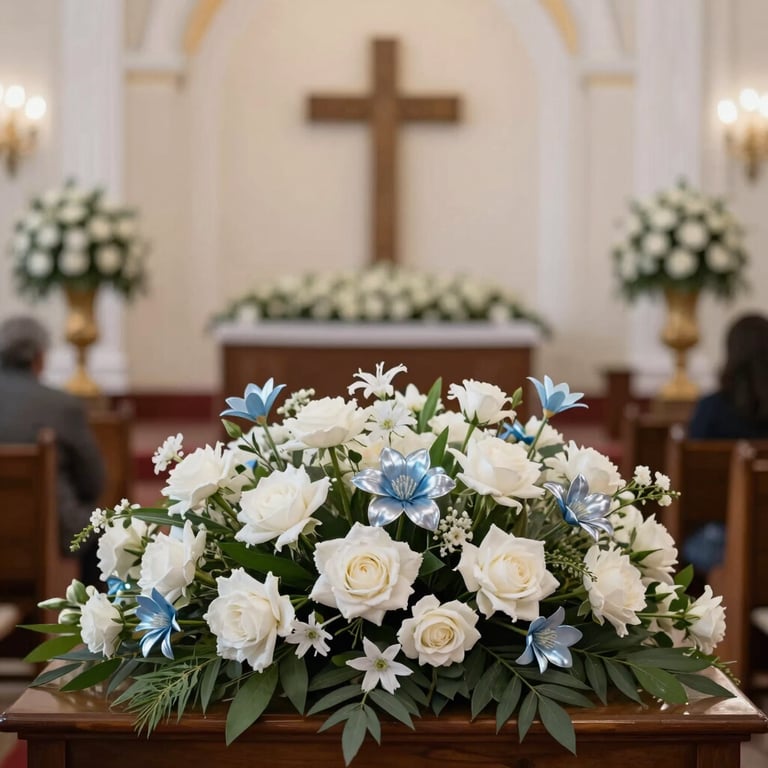 Photography of a serene memorial service room in Peru, decorated with elegant white and light steel blue flowers, soft focus background.