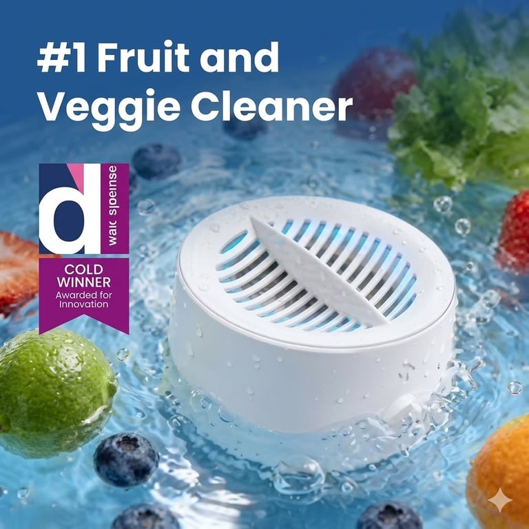 Portable fruit and veggie cleaner device washing fresh produce in water.