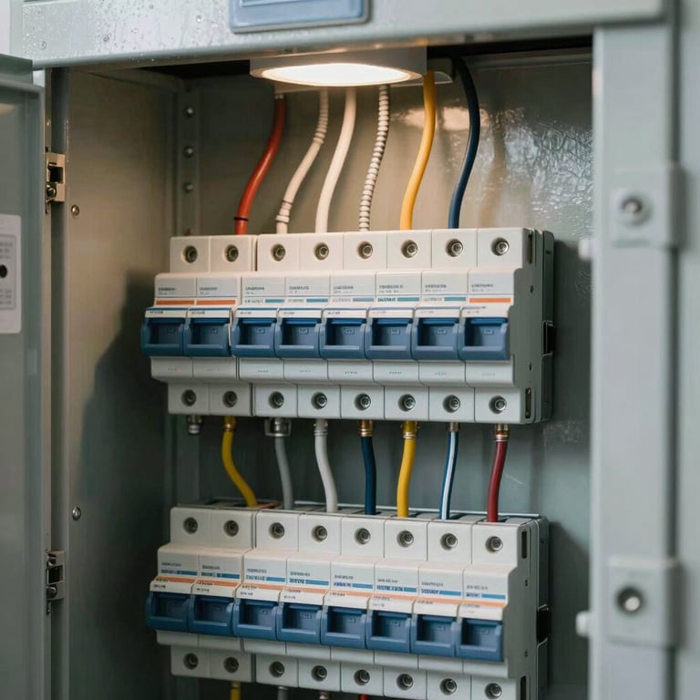 A modern home electrical panel with perfectly labeled breakers and neatly routed wiring, bright interior lighting, North American standard equipment.