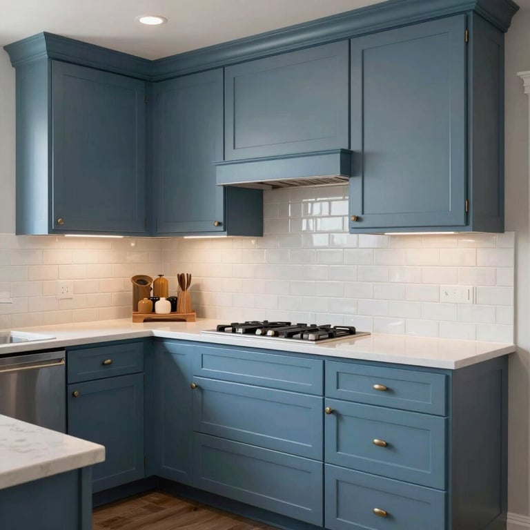 A beautifully remodeled kitchen featuring slate blue cabinetry and a clean subway tile backsplash in a North American home, professionally lit.