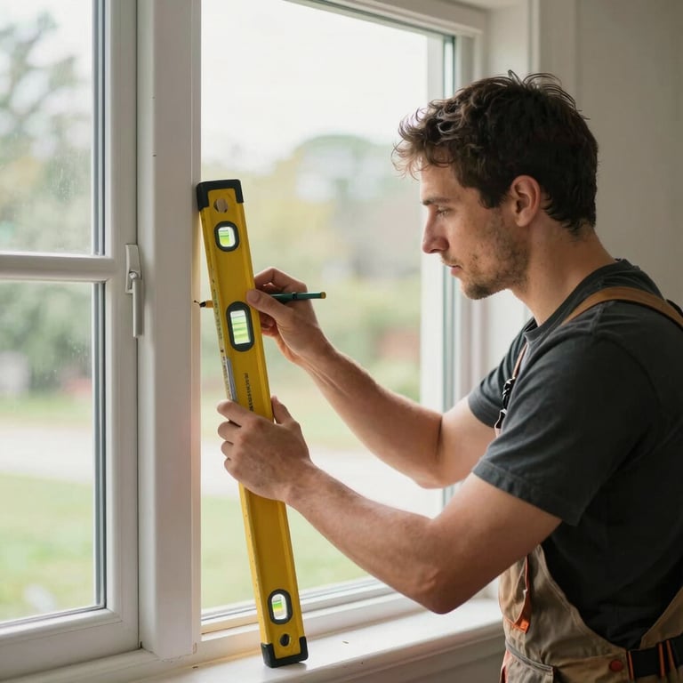 A handyman skillfully repairing a large window frame in a North American residence, using a level and professional tools, bright natural daylight.