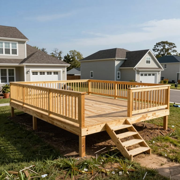 Wide shot of a newly constructed multi-level cedar deck in a North American suburban backyard, bright afternoon sunlight, expert carpentry visible.