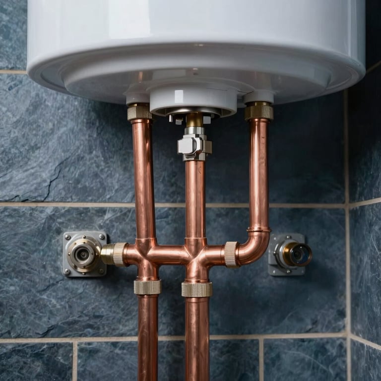Close-up of polished copper pipes and a new water heater installation in a North American utility room, clean lines, professional slate blue and charcoal palette.