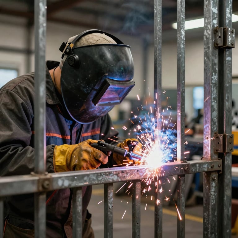 Action shot of a welder in a protective helmet working on a custom metal gate, sparks flying, industrial workshop in North America, focus on precision.