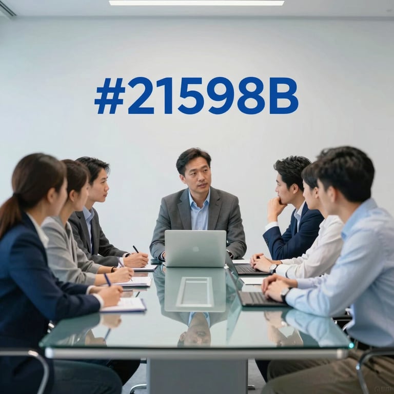 A team of strategists brainstorming around a large glass table in a sleek conference room with #21598B blue accents.