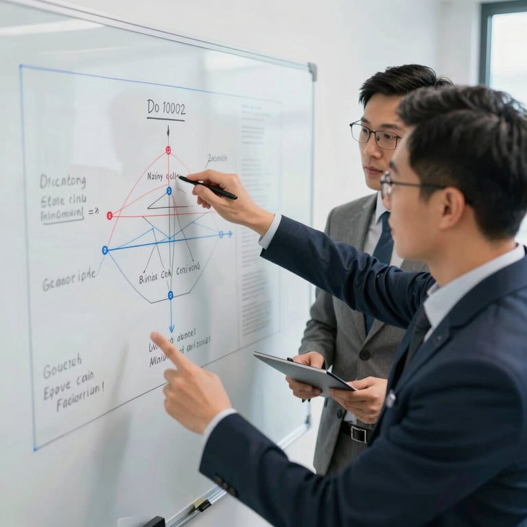 A high-angle view of a professional business workshop where experts are pointing at a strategic roadmap on a whiteboard.