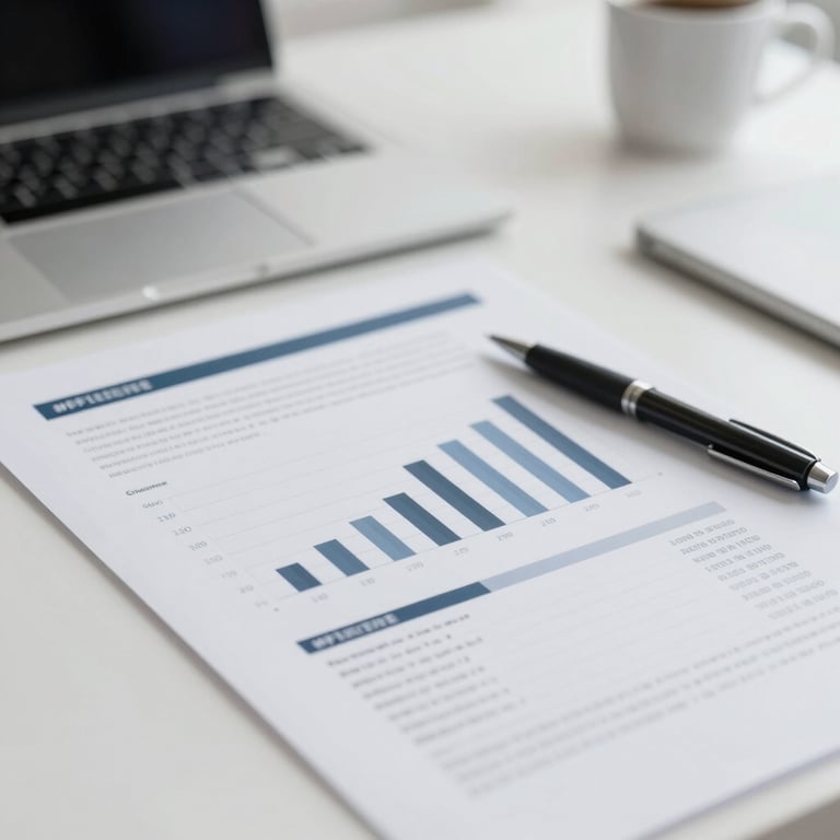 A minimalist desk setup with professional financial reports and a pen, styled with #0F1E2E and #F0F8F8 tones for a clean look.