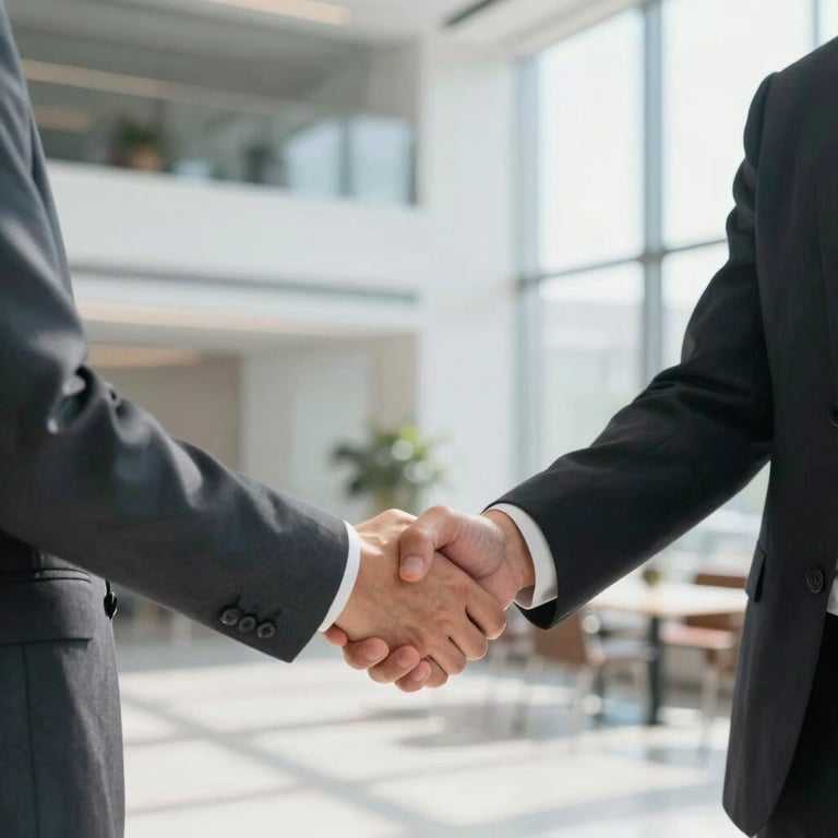Two professionals engaged in a firm handshake in a sunlit, modern office lobby, symbolizing trust and successful collaboration.