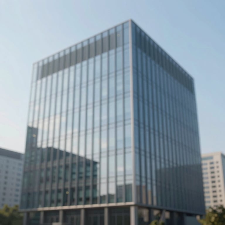 An architectural shot of a modern glass office building reflecting a clear sky, representing stability and corporate professionalism.