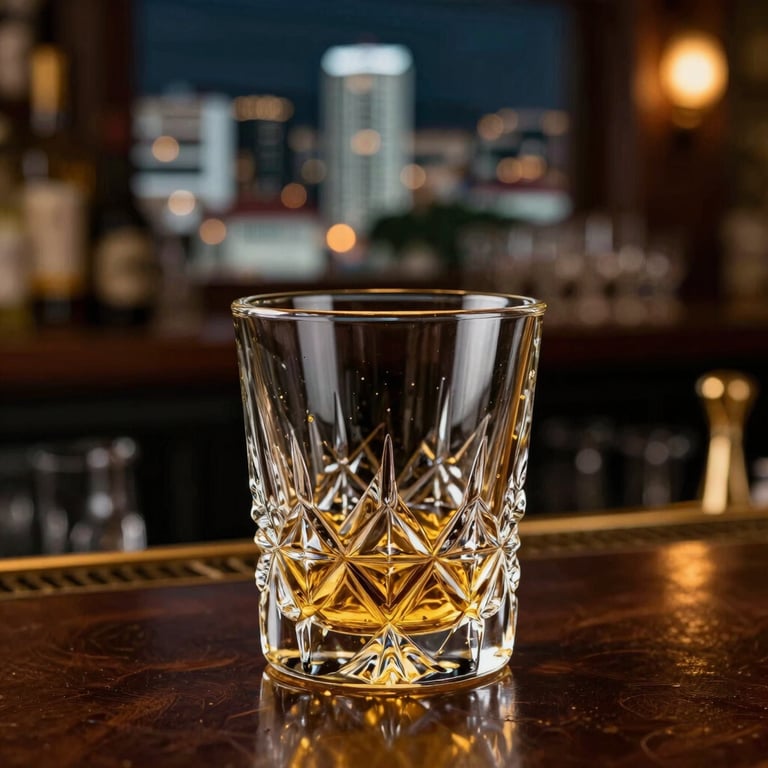 Golden light reflecting on the rim of a crystal glass in a quiet, sophisticated bar, blurred background of a South American / Brazilian city night.