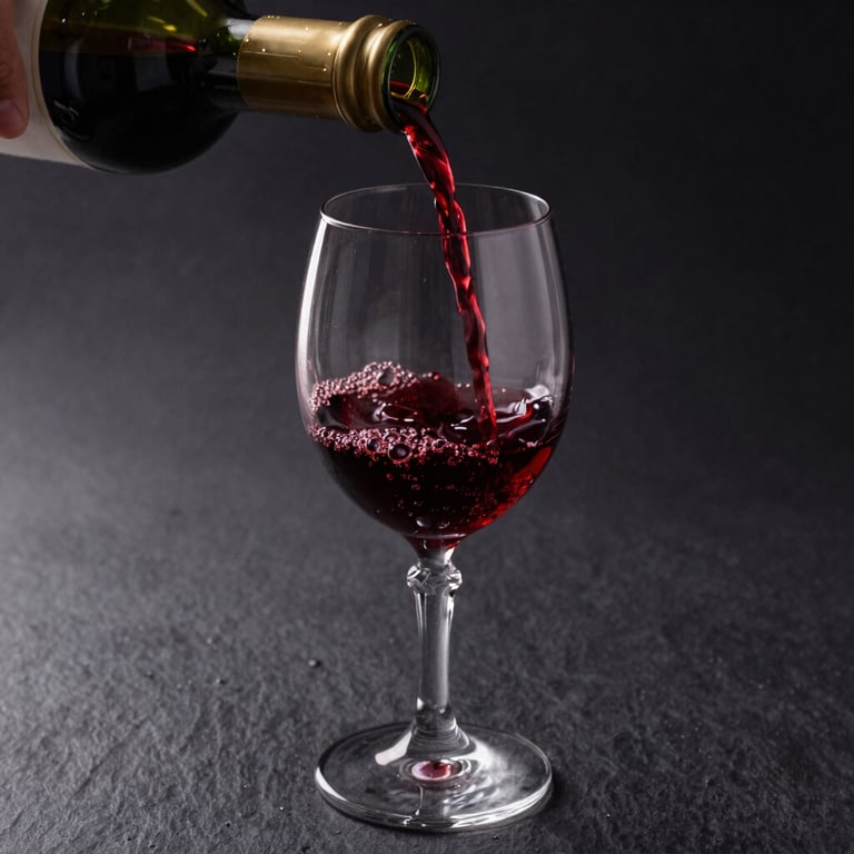 A macro photograph of deep red wine being poured into a crystal goblet, soft lighting, South American / Brazilian winery setting, elegant dark slate background.