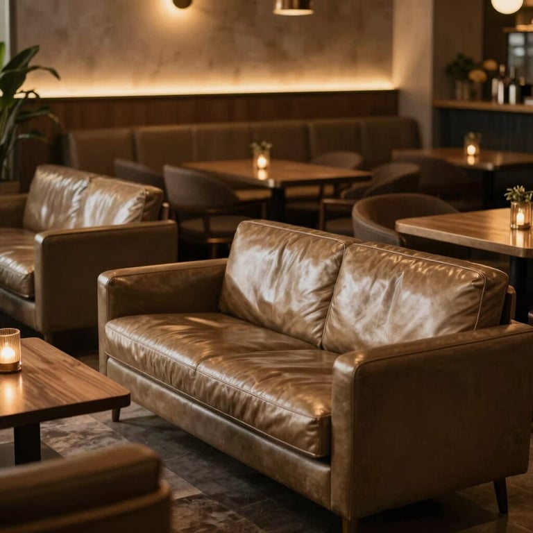 Cozy interior of a high-end Brazilian lounge with plush leather seating and muted gold lighting, atmosphere of timeless exclusivity.