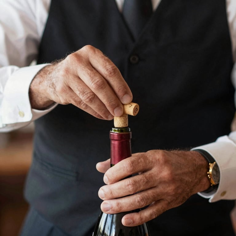 Professional sommelier hands carefully uncorking a bottle of wine, focused light, elegant attire, South American / Brazilian hospitality style.