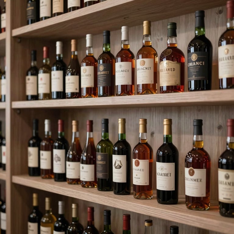 An organized shelf of rare spirits and vintage wines in a dimly lit cellar, elegant wood textures, off-white and dark slate accents.