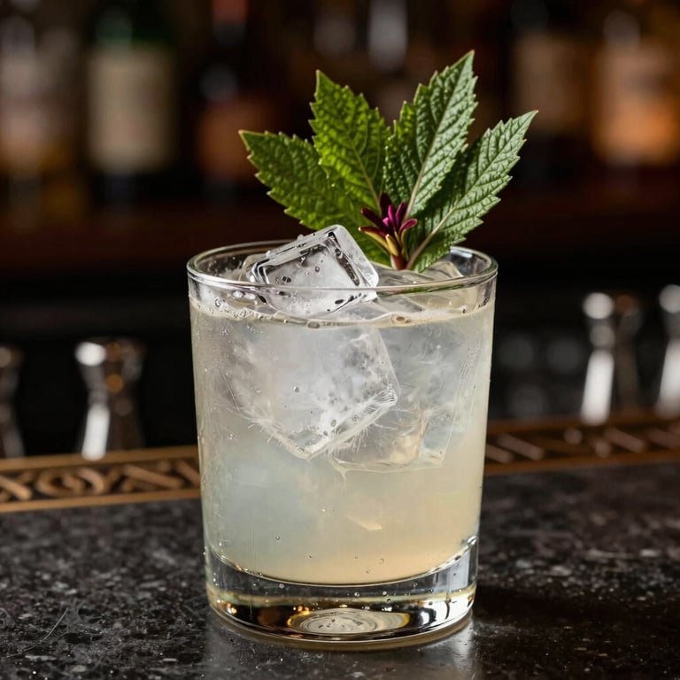 Artisanal cocktail with clear ice and a botanical garnish in a tumbler, cinematic lighting, sophisticated bar environment in Brazil.