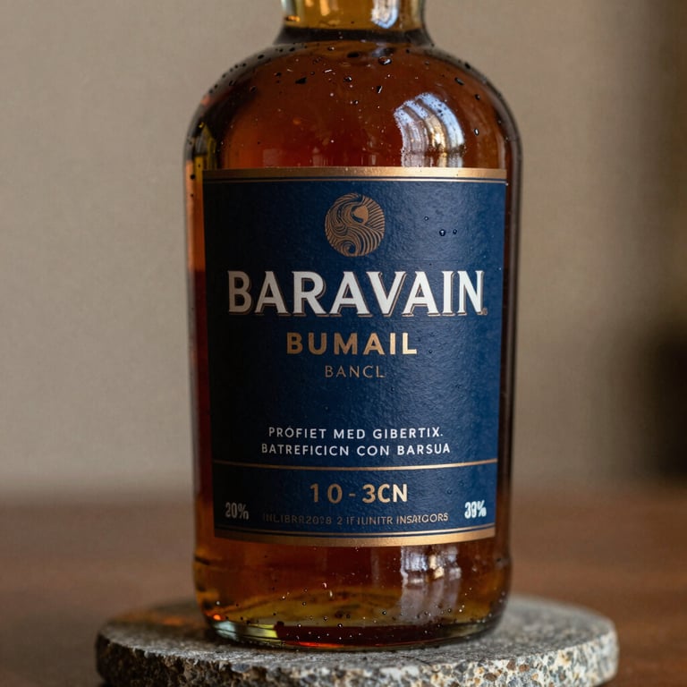 Close-up of a premium whisky bottle sitting on a stone coaster, warm light, dark blue and bronze tones, South American / Brazilian context.