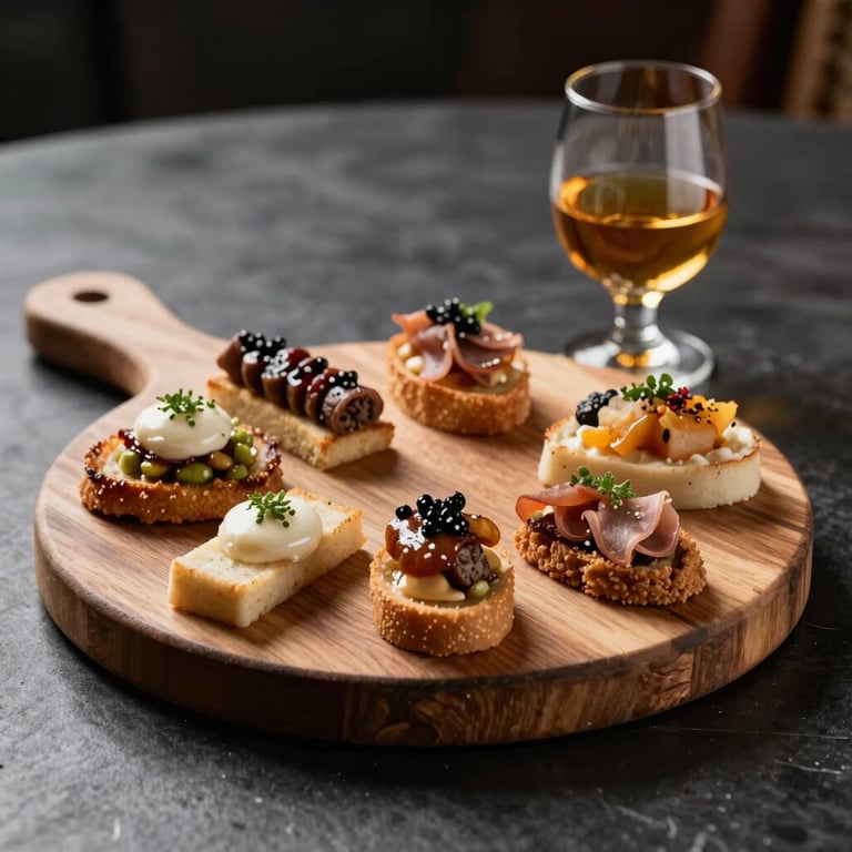 A tasting board with small appetizers and a glass of amber liquid on a dark table, South American / Brazilian gourmet presentation.