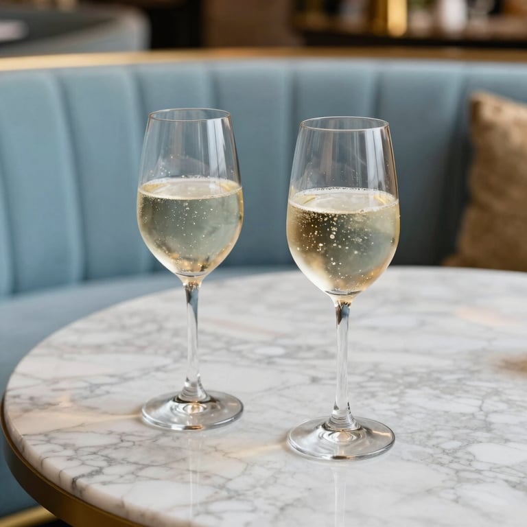 Two glasses of sparkling wine on a marble table in an exclusive lounge, sophisticated South American / Brazilian decor, light blue and gold accents.