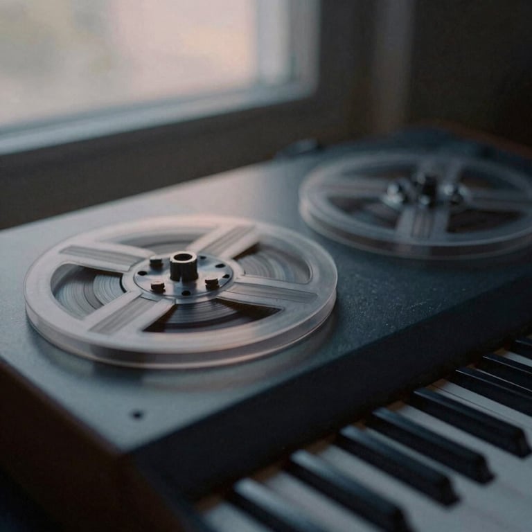 Close-up of a vintage analog synthesizer tape reel spinning slowly, desaturated charcoal tones, soft twilight light, 35mm film photography