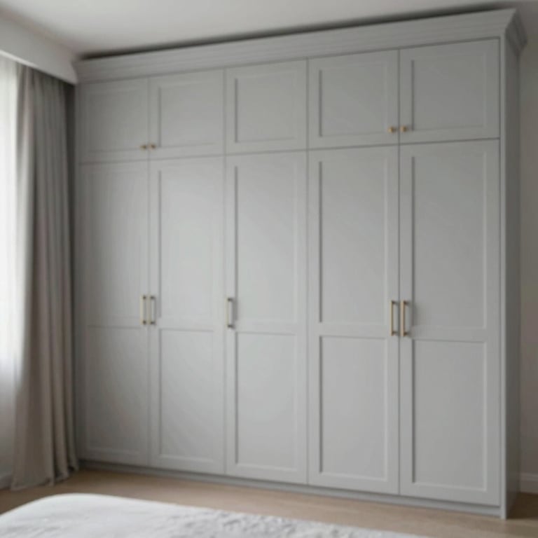 Detail of a master bedroom with custom MDF wardrobes in a light gray finish and sophisticated hardware.