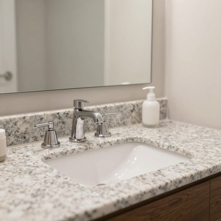 An elegant bathroom vanity with an integrated granite sink and luxury fixtures in a bright setting.