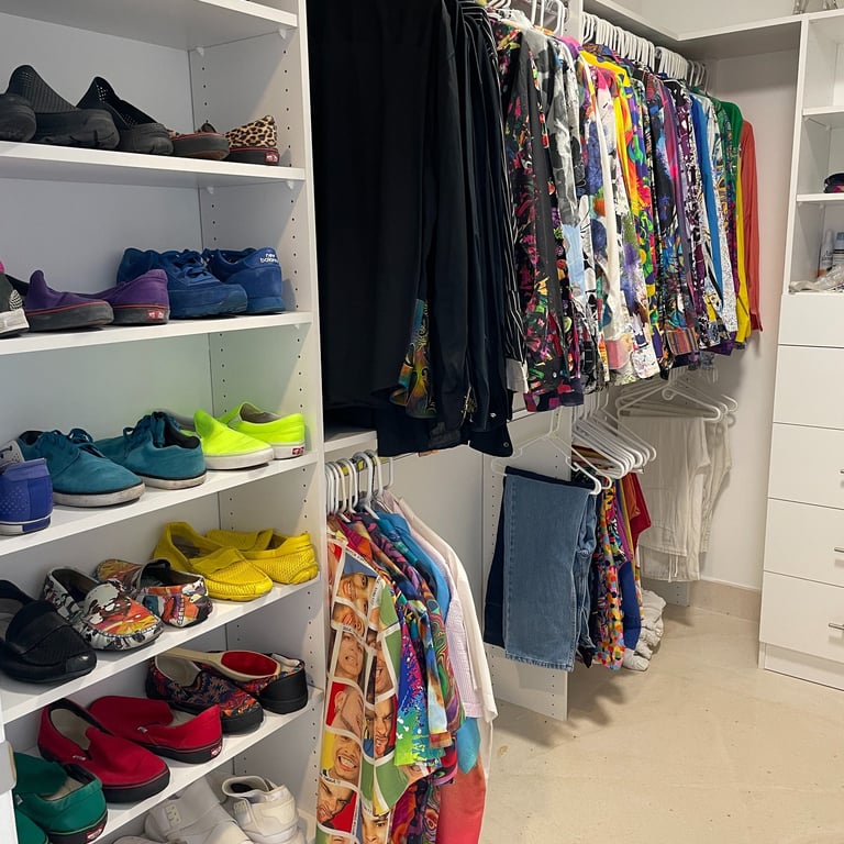 Master closet organized by color and clothing type. Shoes arranged by color and placed for maximum space.