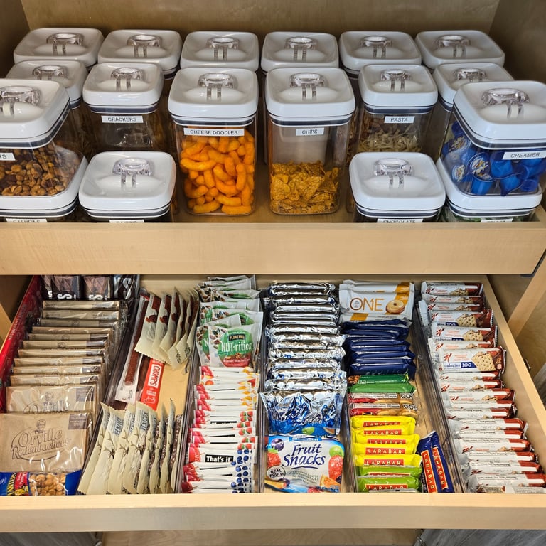 Snacks in a kitchen pantry arranged by snack type and color organized in canisters.