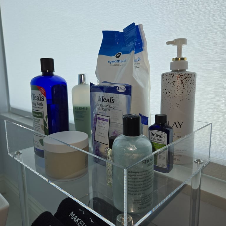 Bathroom products on a card in an organized bathroom.