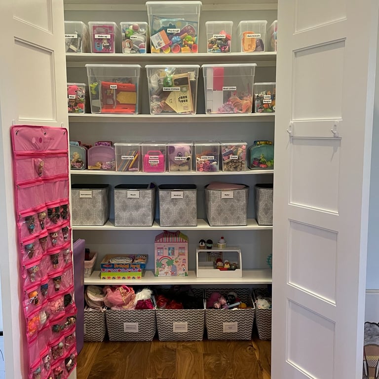 Playroom closet with toys organized into bins and labeled.