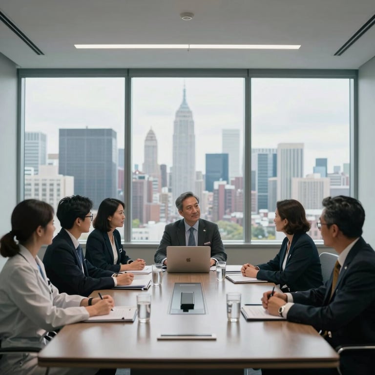 A collaborative meeting of healthcare professionals in a sleek, glass-walled conference room with a view of a US city skyline.