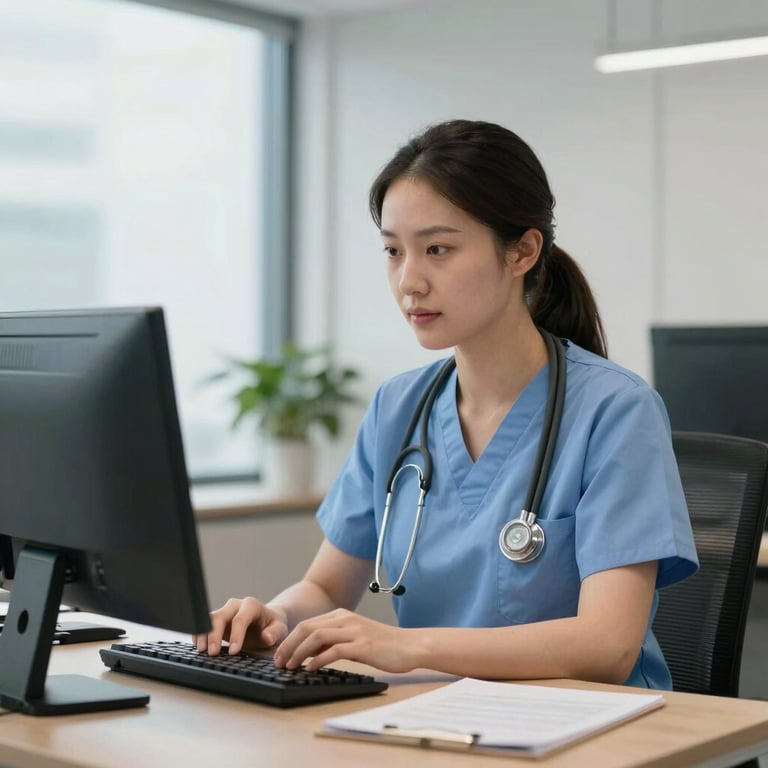 A professional healthcare support manager coordinating services in a clean, modern North American office environment.