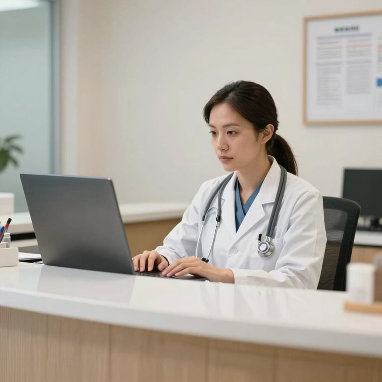 A focused medical administrator at a bright, tidy reception desk in a high-quality US medical clinic.